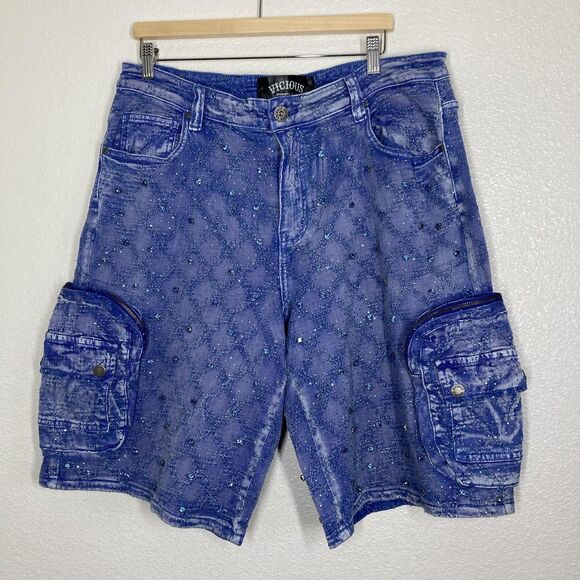 Vicious Authentic Denim Shorts Mens 36 Blue Embellished Cargo Studded Streetwear